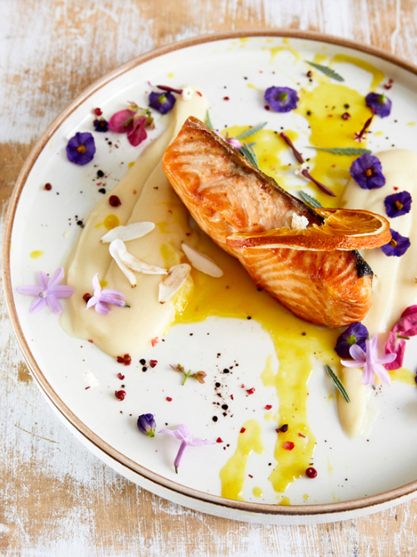 Salmon with orange sauce and celery root puree